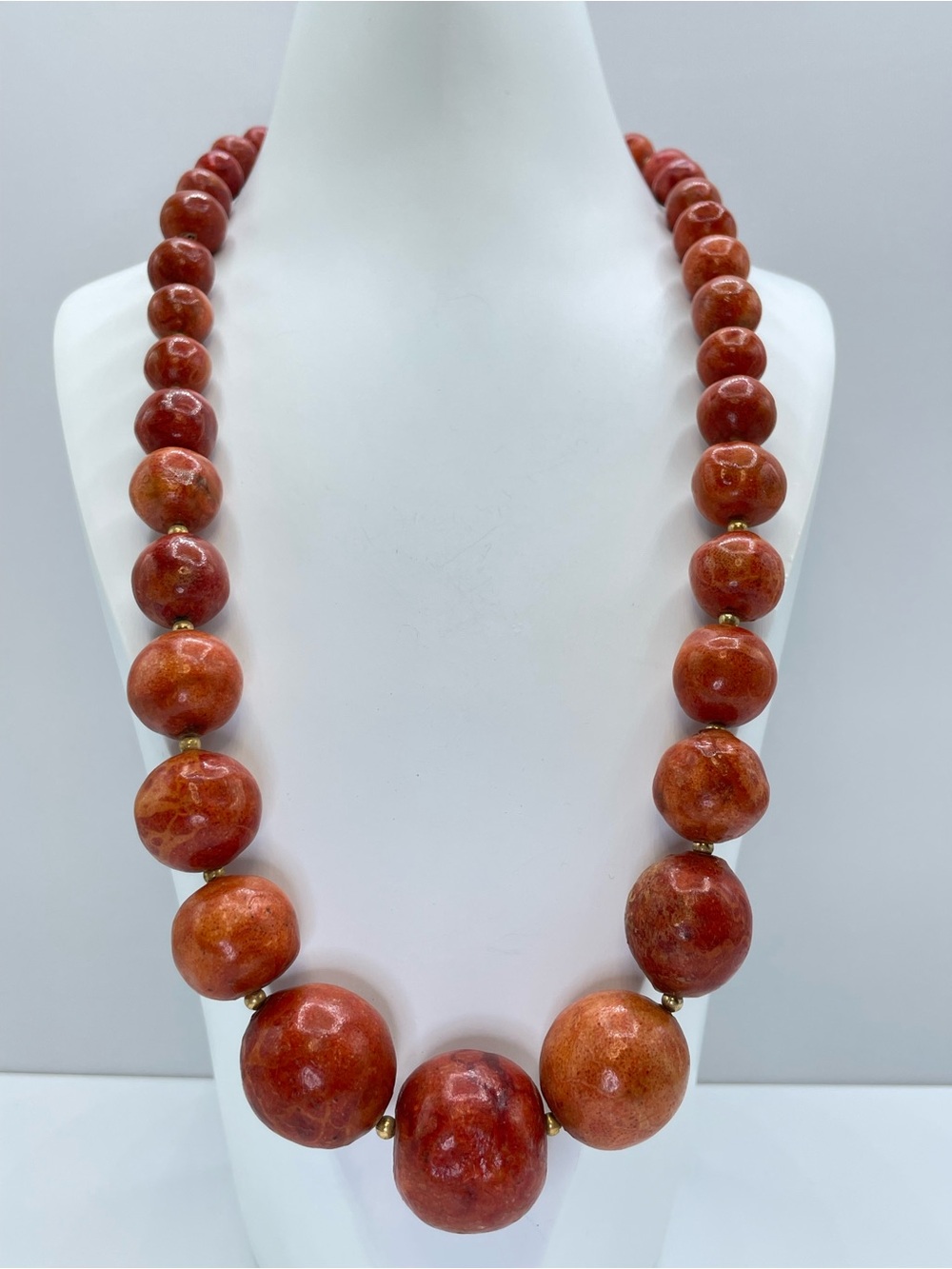 Orange Ceramic Graduated Beaded Necklace Gold Tone Boho Statement Jewelry